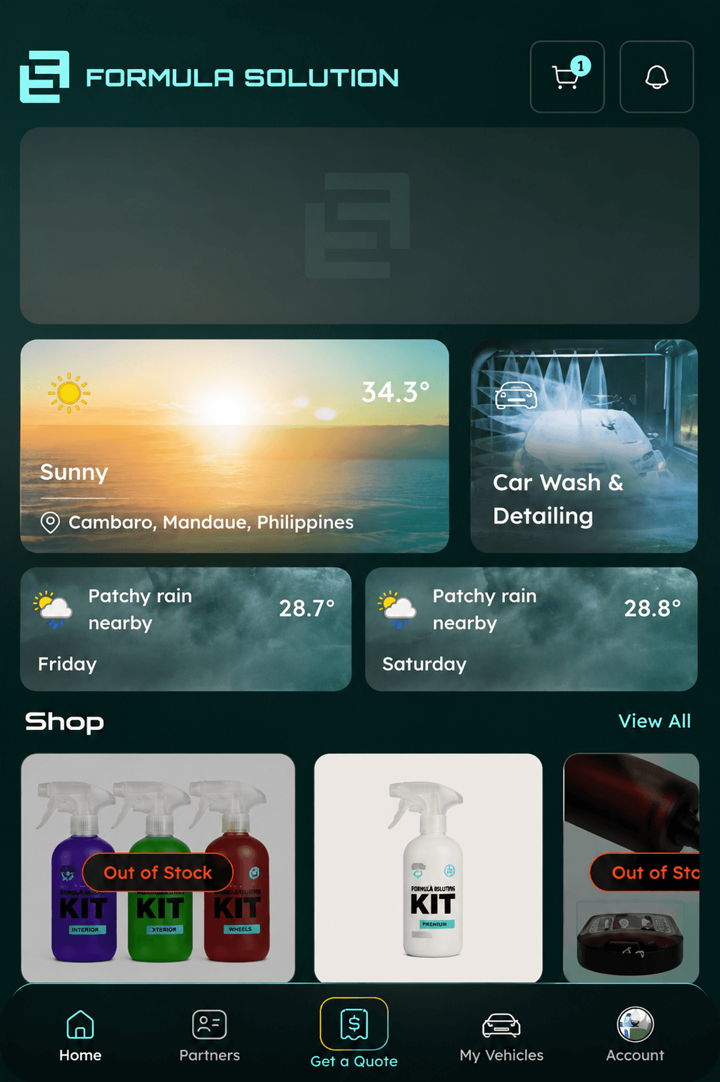 Formula Solution customer app home screen with quote, vehicle, and shop navigation